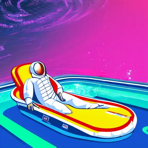 Image similar to An astronaut lounging on a floaty in a vaporwave swimming pool. 8k digital art. art deco.