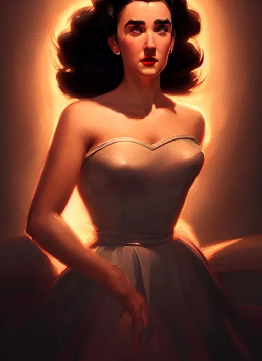 Image similar to portrait of 1 9 5 0 s darna, young jennifer connelly, intricate, elegant, glowing lights, highly detailed, digital painting, artstation, glamor pose, concept art, smooth, sharp focus, illustration, art by wlop, mars ravelo and greg rutkowski