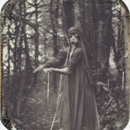 Image similar to scary witch in the woods 1910 Polaroid photo