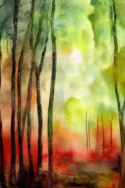 Prompt: landscape background image, forest, watercolor, muted colors, wallpaper