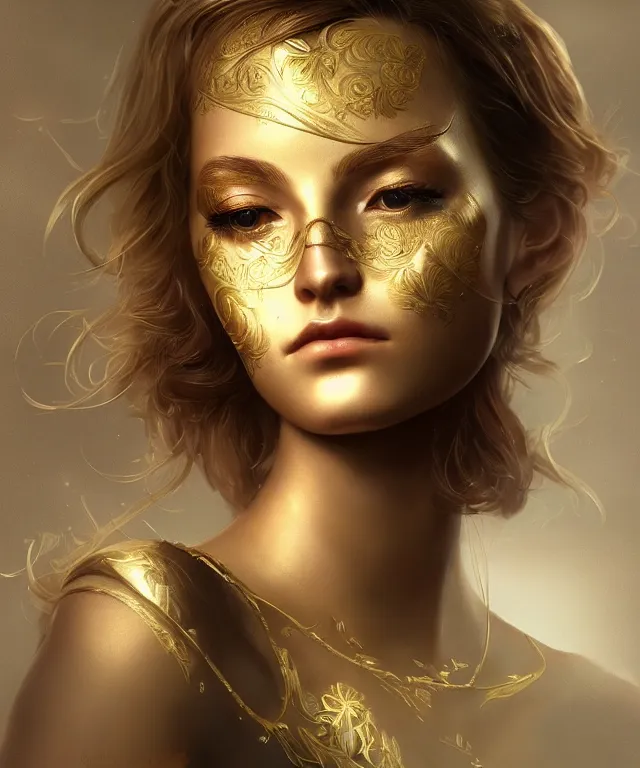 Prompt: 5 5 mm image of fine gold filagree charlie bowater and titian and artgerm, intricate, highly detailed 8 k, intricate, lifelike, soft light, cinematic lighting, featured on artstation