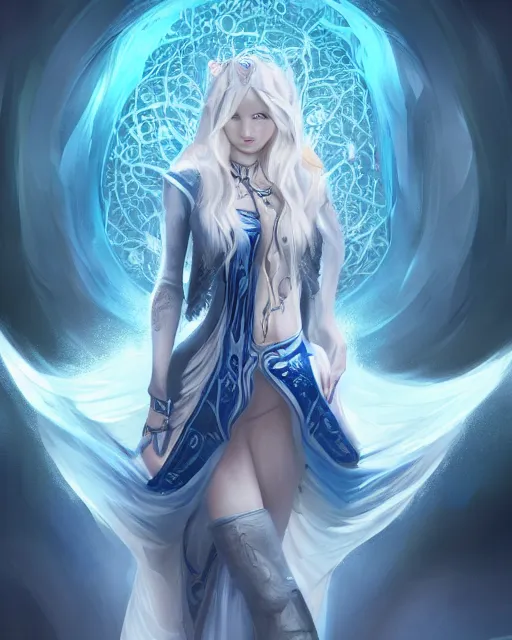 Image similar to A beautiful mysterious girl with hooded cobalt-blue eyes and silky white hair, guitar shape build, her wardrobe is attractive, full body, fantasy art, in the style of Fernando Juarez, illustration, epic art, fantasy, intricate, elgant, amazing detail, digital painting, artstation, concept art, smooth, sharp focus