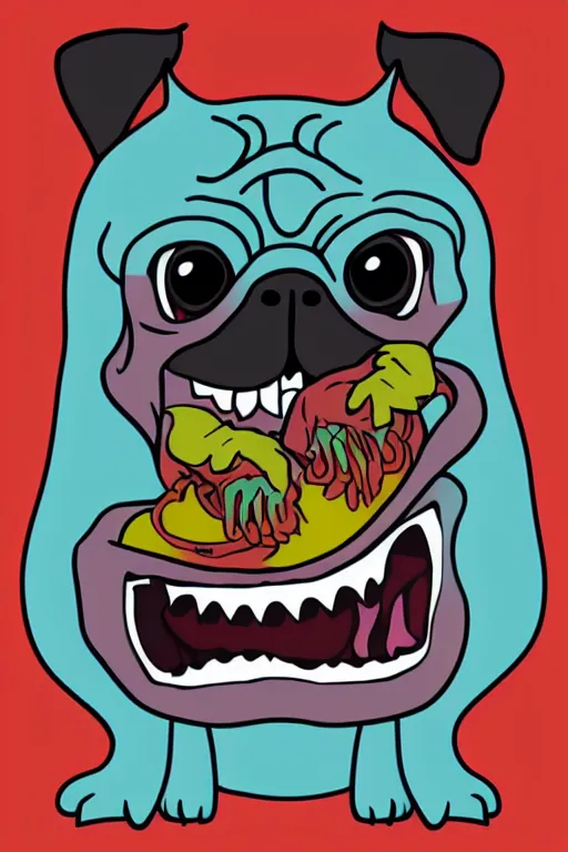 Prompt: demon pug eating flesh. art by samantha mash, sticker, colorful, illustration, highly detailed, simple, smooth and clean vector curves, no jagged lines, vector art, smooth