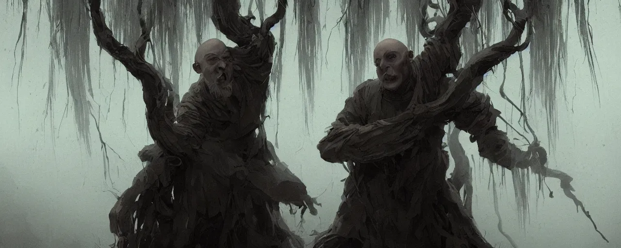 Image similar to duotone noir illustration close up of bald merchant demon in midair among willow tree in medieval brown tunic. foggy evening. dynamic dark dream atmosphere with volumetric hellish lighting, by sachin teng and sergey kolesov and ruan jia and heng z. graffiti art, scifi, fantasy, hyper detailed. octane render. concept art. trending on artstation