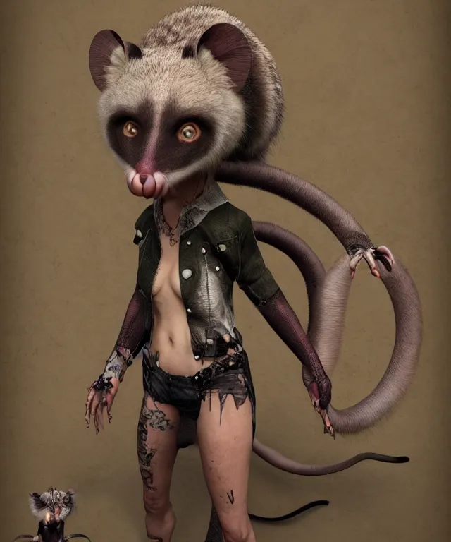 Prompt: the boring, world - weary female anthropomorphic possum demonologist looking for a challenge. her wardrobe is strange. in the style of anti - art trending on artstation deviantart pinterest furaffinity hyper detailed photorealistic highlights and shadow hd 8 k post - processing high resolution