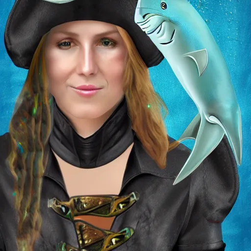 Image similar to Swashbuckling female pirate with iridescent shark skin, digital art, wearing shark skin clothing, digital art