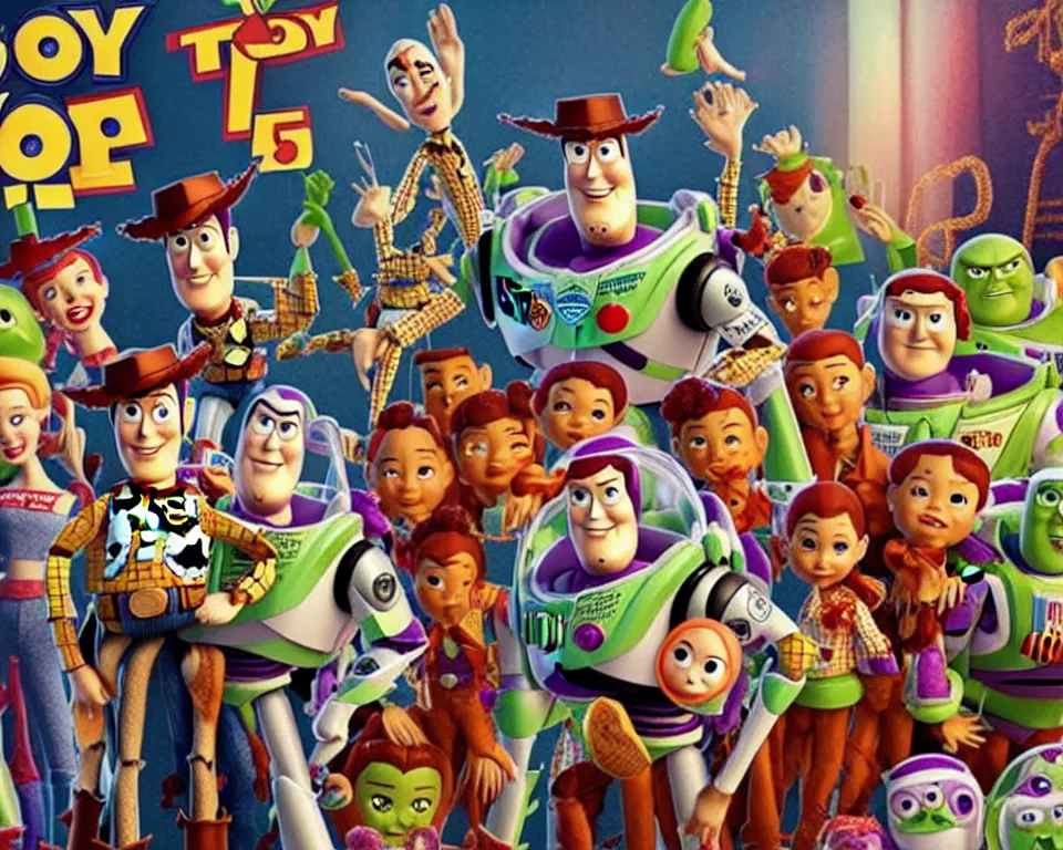 Image similar to a horror movie poster featuring toy story characters