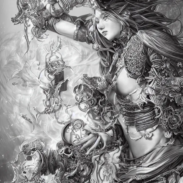 Image similar to the portrait of chaotic good female druid alchemist as absurdly beautiful, gorgeous, elegant, young gravure idol, an ultrafine hyperdetailed illustration by kim jung gi, irakli nadar, intricate linework, sharp focus, bright colors, octopath traveler, final fantasy, unreal engine 5 highly rendered, global illumination, radiant light, detailed and intricate environment