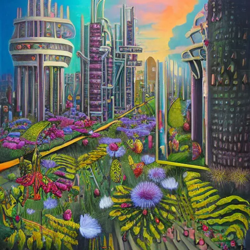 Prompt: A surrealist painting of a futuristic city inspired by various wildflowers