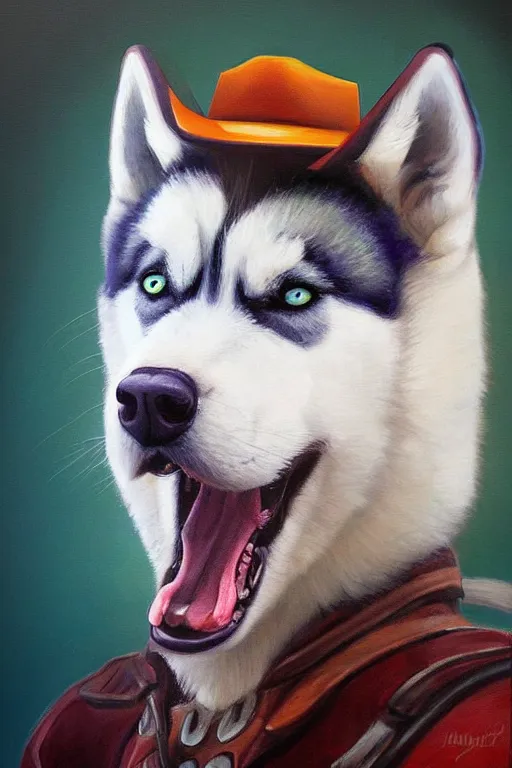 Image similar to a portrait painting of a husky in cowboy costume, wearing a cowboy hat, character design, personify, humanoid, anthropomorphic, trending on artstation