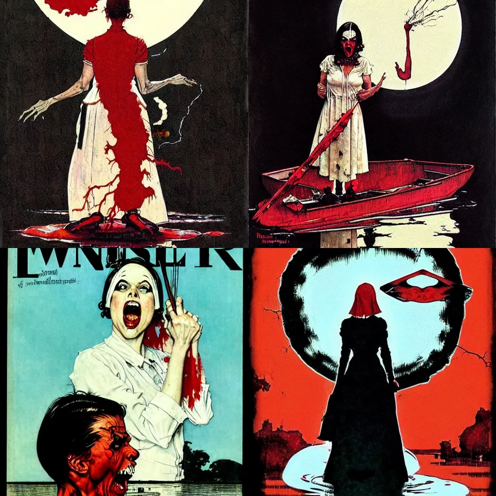 Image similar to style of Norman Rockwell and Rafael Albuquerque comic book art, female ghost with white dress floating over a lake, ghastly scary horrible witch look on face, screaming angry, extremely long nails, red, floating over a lake, night time, dark, full moon, scary terrifying horror