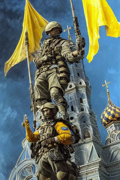 Image similar to special forces soldier raising ukrainian blue and yellow flag on st. basil cathedral, masculine figure, d & d, fantasy, bright atmosphere, volumetric lights, intricate, elegant, extremely detailed, digital painting, artstation, concept art, matte, smooth, sharp focus, hyper realistic, illustration, art by artgerm and greg rutkowski and alphonse mucha