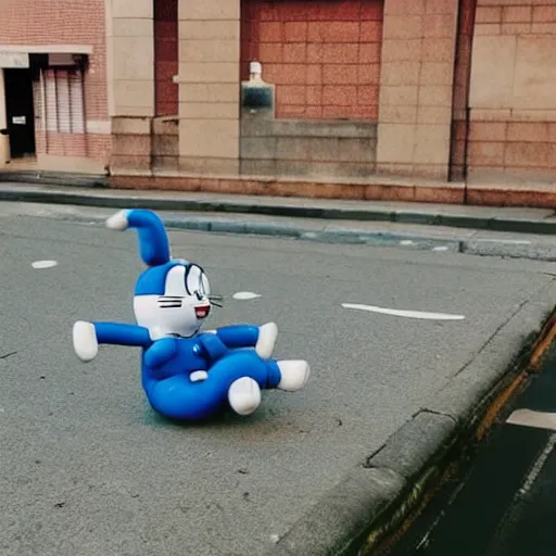 Image similar to doraemon joyfully parkouring, inner city, photorealistic sensual