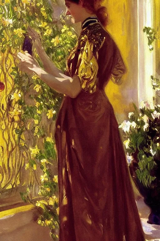 Image similar to girl waer detailed golden arabesque dress with a lot of narcissus in persian pot, painting by john singer sargent