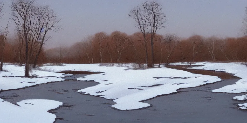 Prompt: little river, end of afternoon, winter, snow, countryside, peter sculthorpe, painting, artstation