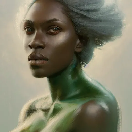 Image similar to A head-on detailed oil portrait of a dark-skinned woman with pale green eyes and long white hair by greg rutkowski and artgerm, trending on artstation
