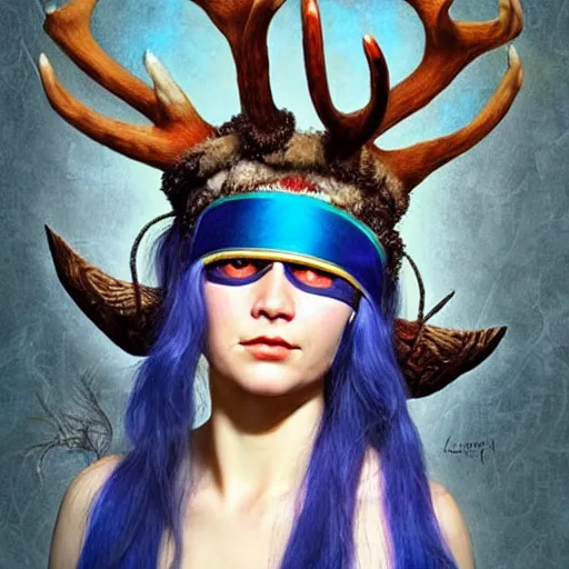 Image similar to A young female shaman, blue hair and antlers on her head. blindfolded, heilung, in the style of Heather Theurer, made by karol bak