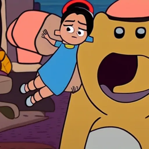 Image similar to kim kardashian in adventure time riding on jake the dog