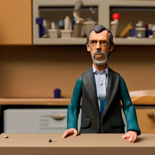 Prompt: product photography of a plasticine action figure hugh laurie on a workbench, depth of field, zeiss lens, detailed, centered, by erwin olaf, joop geesink, wes anderson, breathtaking, 8 k resolution, extremely detailed, beautiful, establishing shot, realistic materials, hyperrealistic