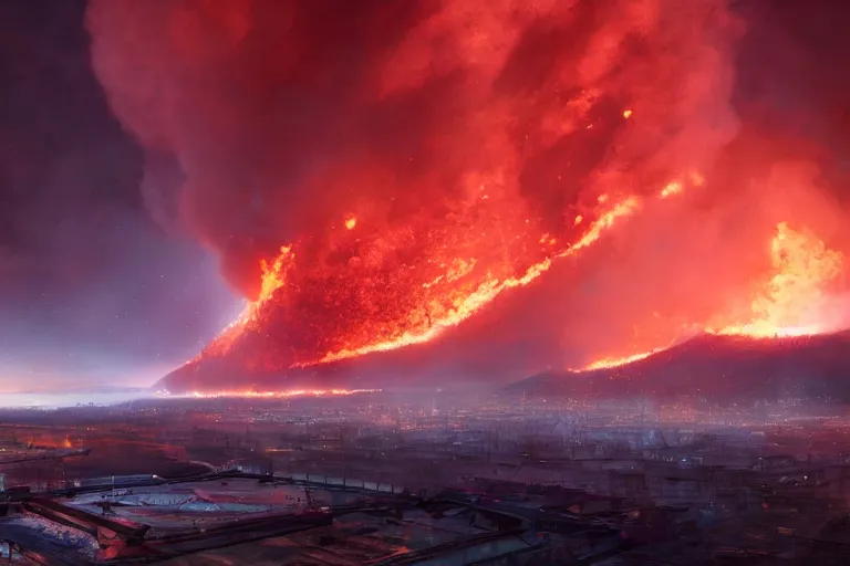 Prompt: meteors fall from the red sky upon a burning football stadium, crowds panic, cinematic lighting by jessica rossier