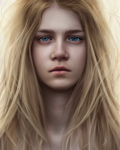 Image similar to portrait of 1 6 - year - old woman with dirty blonde hair down to her waist, pale eyebrows and protuberant silver eyes, wearing white shirt, hyper realistic face, beautiful eyes, character art, art by mark brooks, hyperdetailed, cryengine, trending on artstation, digital art