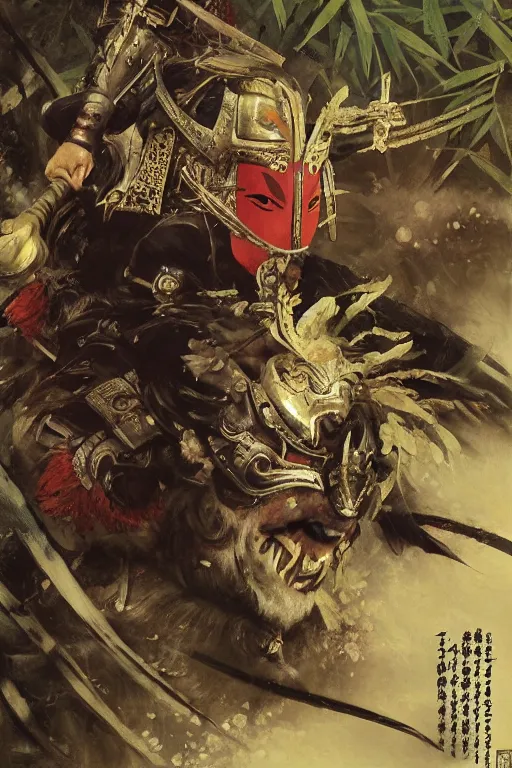 Image similar to close up of samurai in full armor, in a mysterious and ancient bamboo forest filled with yokais, by huang guangjian and gil elvgren, sachin teng, greg manchess