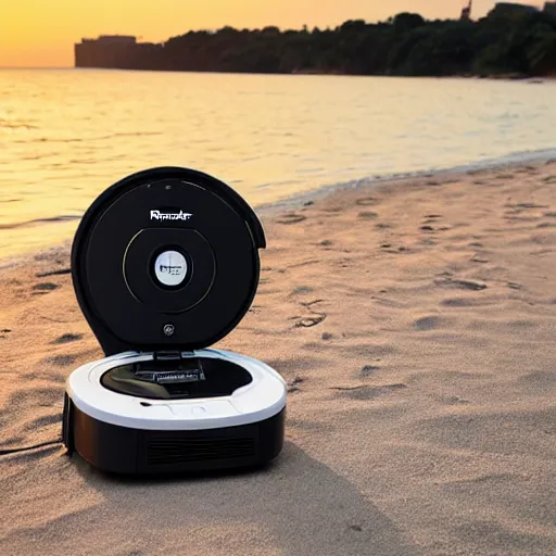 Image similar to roomba chilling on the beach, sunset