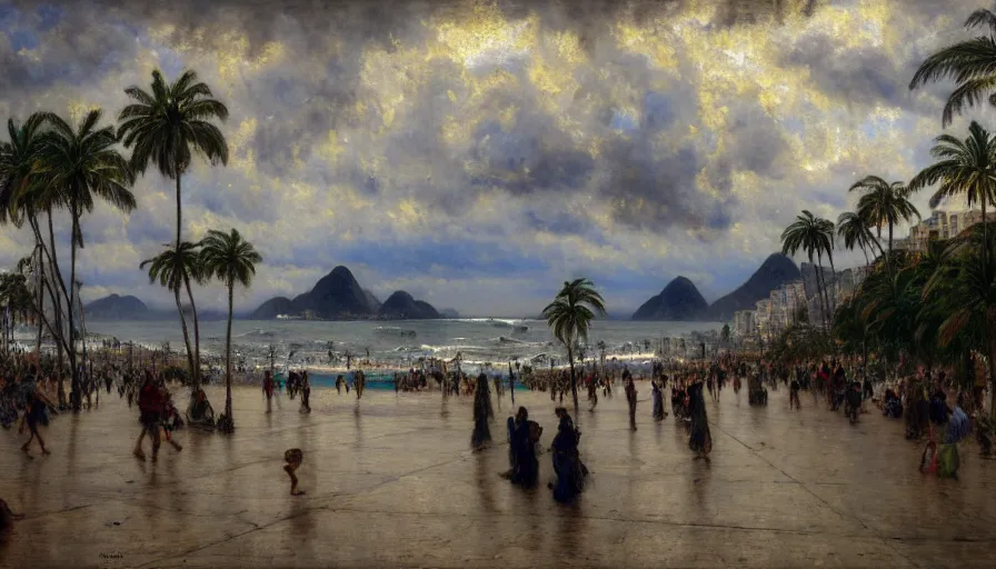 Prompt: a ultradetailed beautiful painting of the thundertorm sky of rio de janeiro balustrade designed by jules bastien - lepage, derek zabrocki, greg rutkowski, belsinski, beach, trending on artstation, mediterranean, palm trees, sharp focus, colorful refracted sparkles and lines, soft light, 8 k 4 k