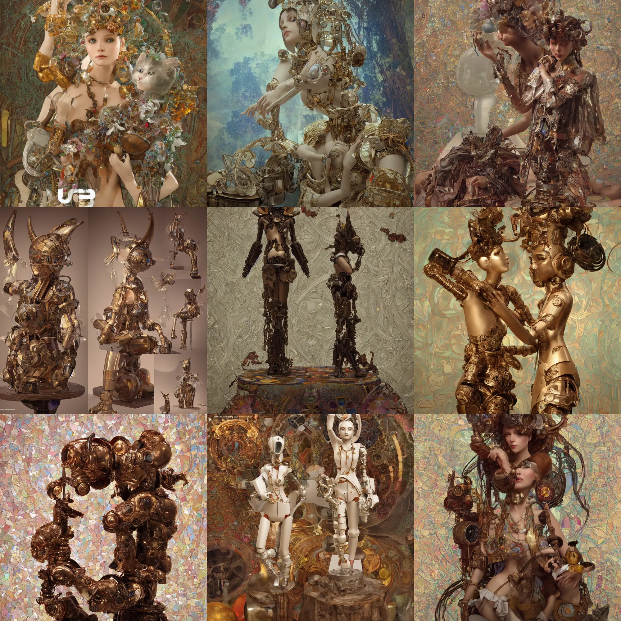 Prompt: 3 d octane render ultra 8 k photorealistic hyperdetailed unreal engine, a wooden sculpture art toys on a pedestal a very cute mystical robot of the bohemian with cat's ears, concept art, trending on cgsociety, artwork masterpiece, in a contemporary art gallery in neo paris by alphonse mucha