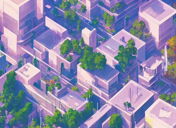 Image similar to digital illustration of walkable metropolis with renewable energy, rooftop gardens and beautiful manicured landscaping by makoto shinkai, ilya kuvshinov, lois van baarle, rossdraws, basquiat trending on artstation | cool color scheme