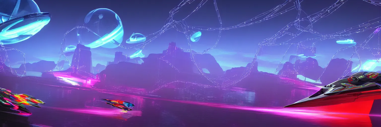 Prompt: f - zero, ships, tron in the mountain with neon light futuristic hyper realistic cinematic view of floating castle hanging by chains in the air, in between a gorge, structured by chains and cables on base, soap bubble, contrast, metallic, 8 k resolution