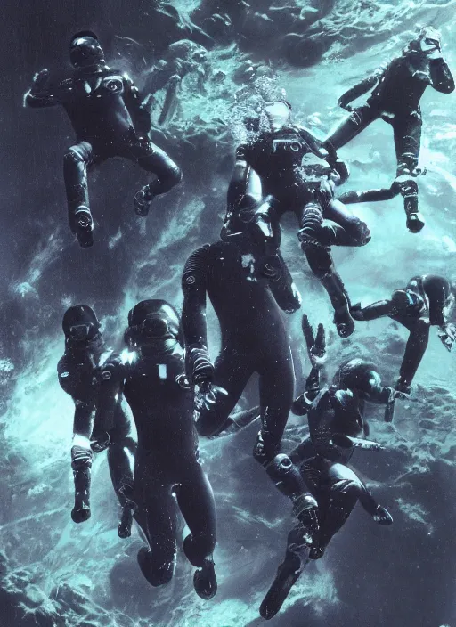 Image similar to astronauts divers in dark void underwater - complex and hyperdetailed technical suit design. reflection and dispersion materials. rays and dispersion of light. volumetric light. f / 3 2. noise film photo. flash photography. ultra realistic, 5 0 mm. poster by wayne barlowe, hajime sorayama aaron horkey, craig mullins