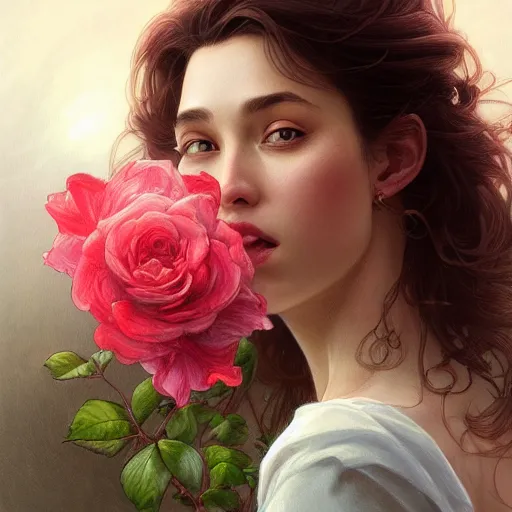 Image similar to woman smelling a flower, roses everywhere, highly detailed, digital painting, artstation, concept art, smooth, sharp focus, illustration, art by artgerm and greg rutkowski and alphonse mucha