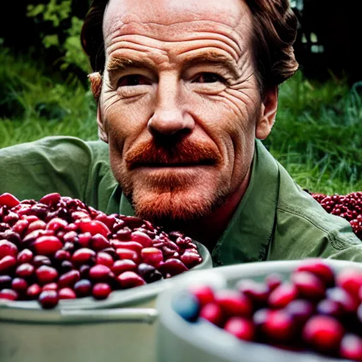 Prompt: bryan cranston's body is a bowl of cranberries, head submerged in cranberries, natural light, sharp, detailed face, magazine, press, photo, steve mccurry, david lazar, canon, nikon, focus