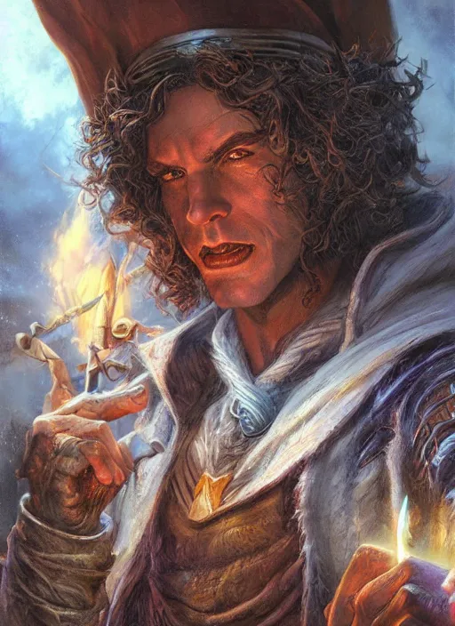 Prompt: a ultra realistic fantasy matte painting portrait of a male sorcerer, ultra detailed, art by ralph horsley, swanland, sabbas