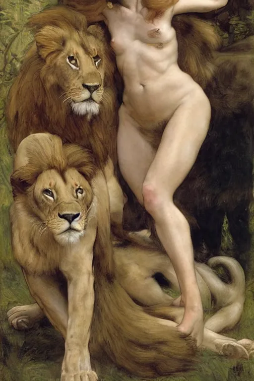 Image similar to scarlett johansson as a lion tamer by edgar maxence and caravaggio and michael whelan and delacroix