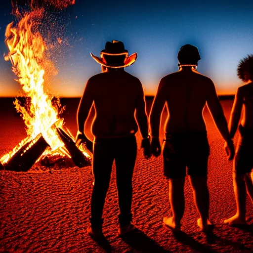 Image similar to photograph of three ravers photographed from behind, talking around a fire, photorealistic, dancefloor kismet, diverse costumes, clean composition, desert transition area, bonfire, night, australian desert, xf iq 4, symmetry, sony a 7 r, 1 5 0 mp, 5 0 mm