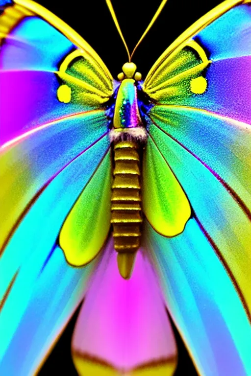 Prompt: high quality macro photo rococo pearlescent butterfly! jewelled gorgeous! highly detailed elson peter cinematic yellow neon lighting high quality low angle hd 8k sharp shallow depth of field