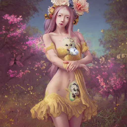 Prompt: octane render, realism, tonalism, renaissance, rococo, baroque, portrait of a young lady wearing long harajuku manga dress bikini with flowers and skulls standing in a renaissance park, chaotic gold leaf flowers 4 k high resolution quality artstyle professional artists wlop, aztodio, taejune kim, guweiz, pixiv, instagram, artstation