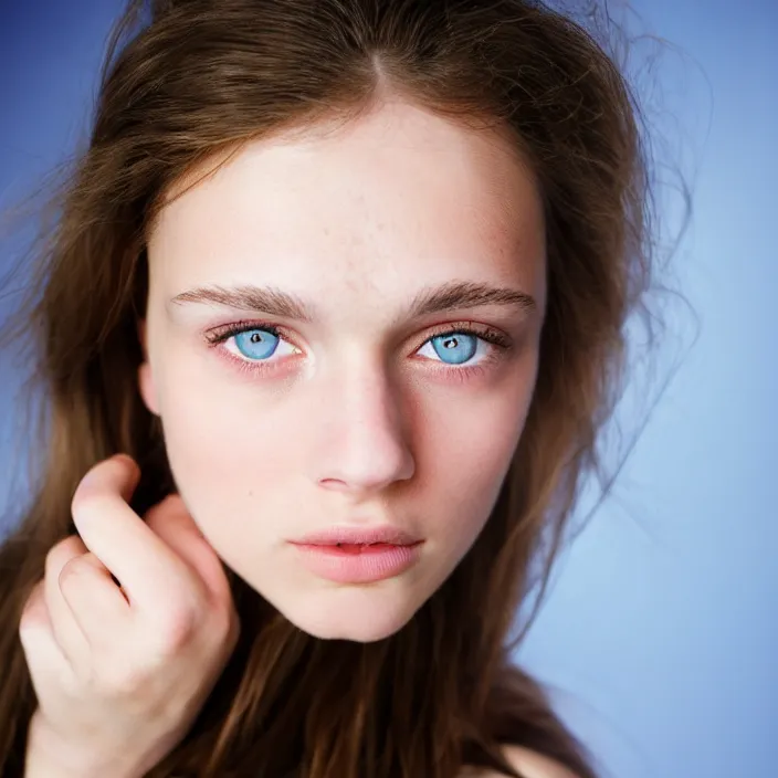 Prompt: Kodak Portra 400, 8K, highly detailed, britt marling style 3/4 extreme closeup portrait of a extremely beautiful girl with dark blue eyes and light brown hair, four fingers maximum, high light on the left, non-illuminated backdrop, illuminated by a dramatic light, Low key lighting, light dark, High constrast, dramatic , nina masic ,Flora Borsi, dark background, high quality, photo-realistic, 8K