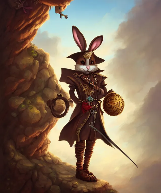 Image similar to anthropomorphic rabbit pirate, pirate outfit, standing on a treasure chest, standing in a beautiful landscape, cute and adorable, dnd character art portrait, matte fantasy painting, deviantart artstation, by jason felix by steve argyle by tyler jacobson by peter mohrbacher, cinematic lighting