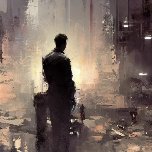 Image similar to depressing man, painted by Craig Mullins