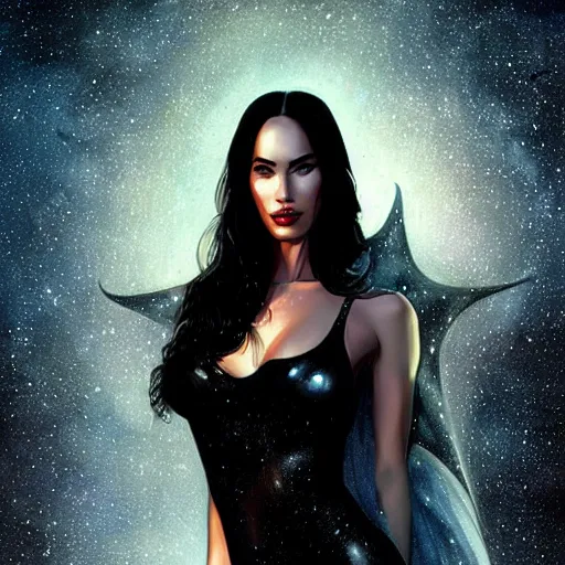Image similar to portrait of megan fox wearing a tight black latex dress with galaxy lights and stars, sultry muscular body, fantasy, intricate, elegant, highly detailed, digital painting, artstation, concept art, matte, sharp focus, perfect face symmetry, illustration, art by aenaluck and roberto ferri and greg rutkowski, epic fantasy, digital painting