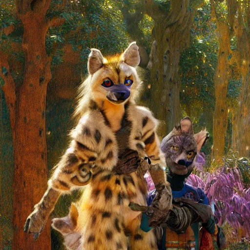 Image similar to a forest with a female hyena hyenawoman canine in wizard robes. zootopia fursona furaffinity furry art detailed face painting by gaston bussiere craig mullins jc leyendecker gustav klimt artgerm greg rutkowski furry