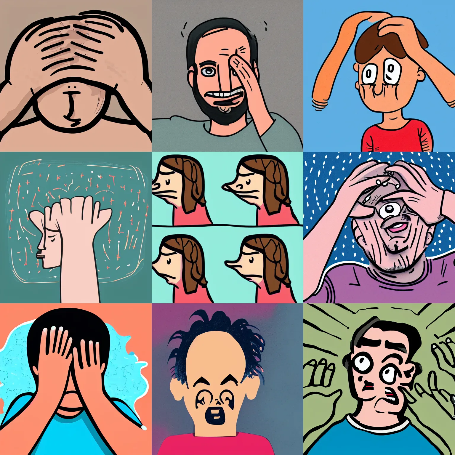 Prompt: hands on face, scratching head, cartoon, digital illustration