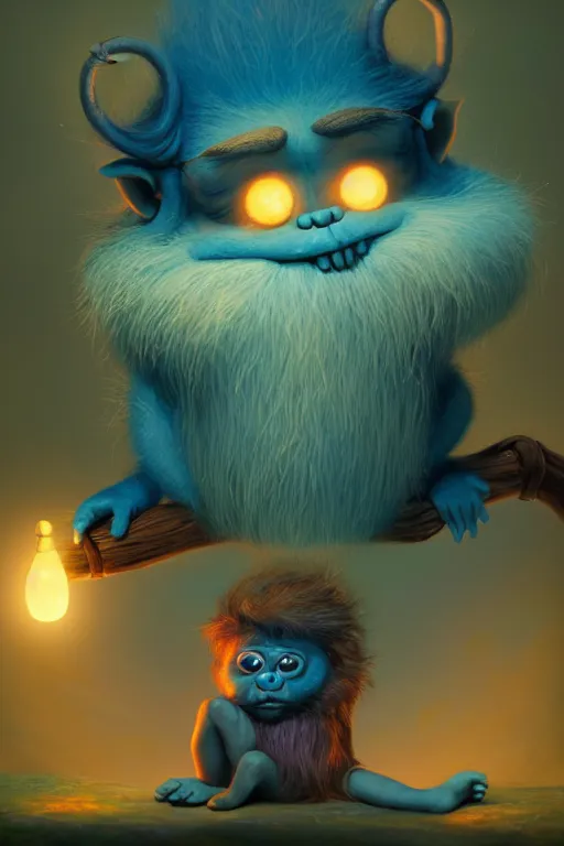 Image similar to a surreal Bioluminescent, very very very cute Hairy Troll in a happy world by Daniel Merriam, Trending on Artstation, oil on Canvas by Elena Zhurikhina and Goro Fujita and Charlie Bowater, octane render, 4k, 8k, HD