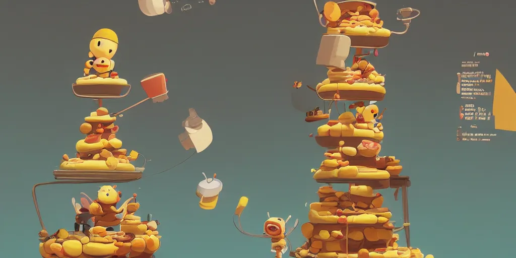 Image similar to cute cartoon bee person baking a cake tower by Goro Fujita and Simon Stalenhag , 8k, trending on artstation, hyper detailed, cinematic