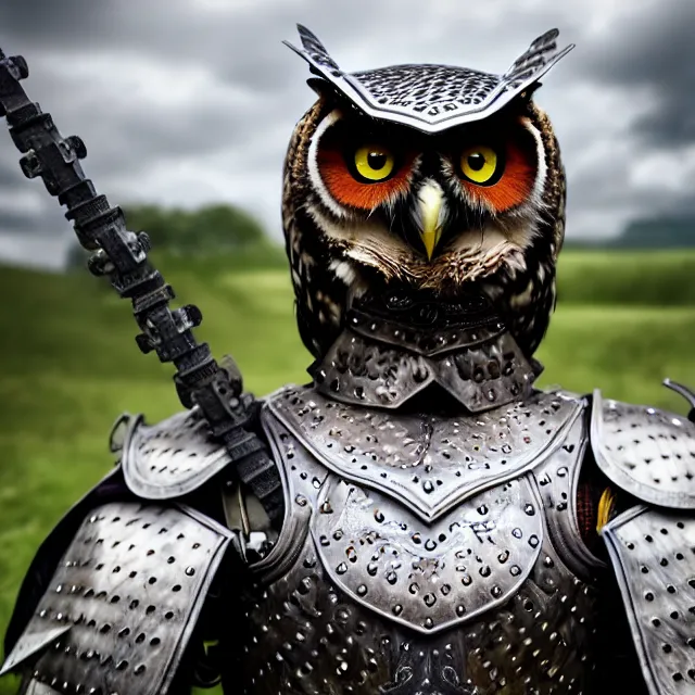 Prompt: full length photo of an owl man wearing armour, highly detailed, 4 k, hdr, smooth, sharp focus, high resolution, award - winning photo