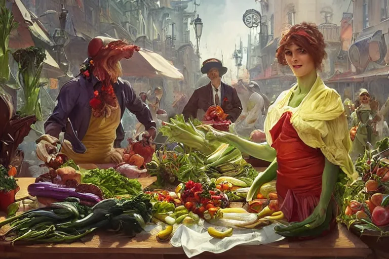 Prompt: vegetables parade on a cutting board in the kitchen, digital art, realistic, anthropomorphic, highly detailed, cinematic, matte painting, vivid colors, realistic, epic lighting, by greg rutkowski and artgerm and alphonse mucha