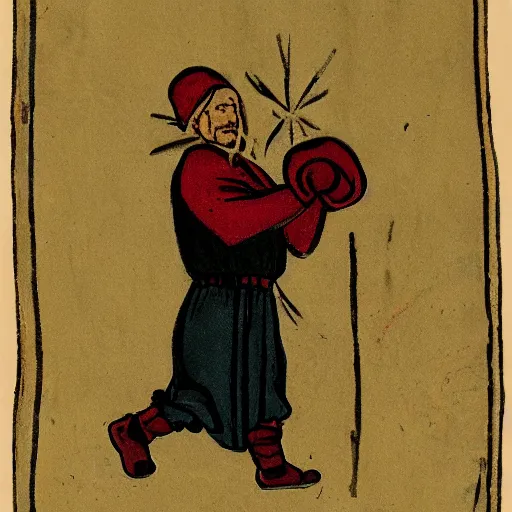 Image similar to a medieval peasant wearing boxing gloves ready to fight